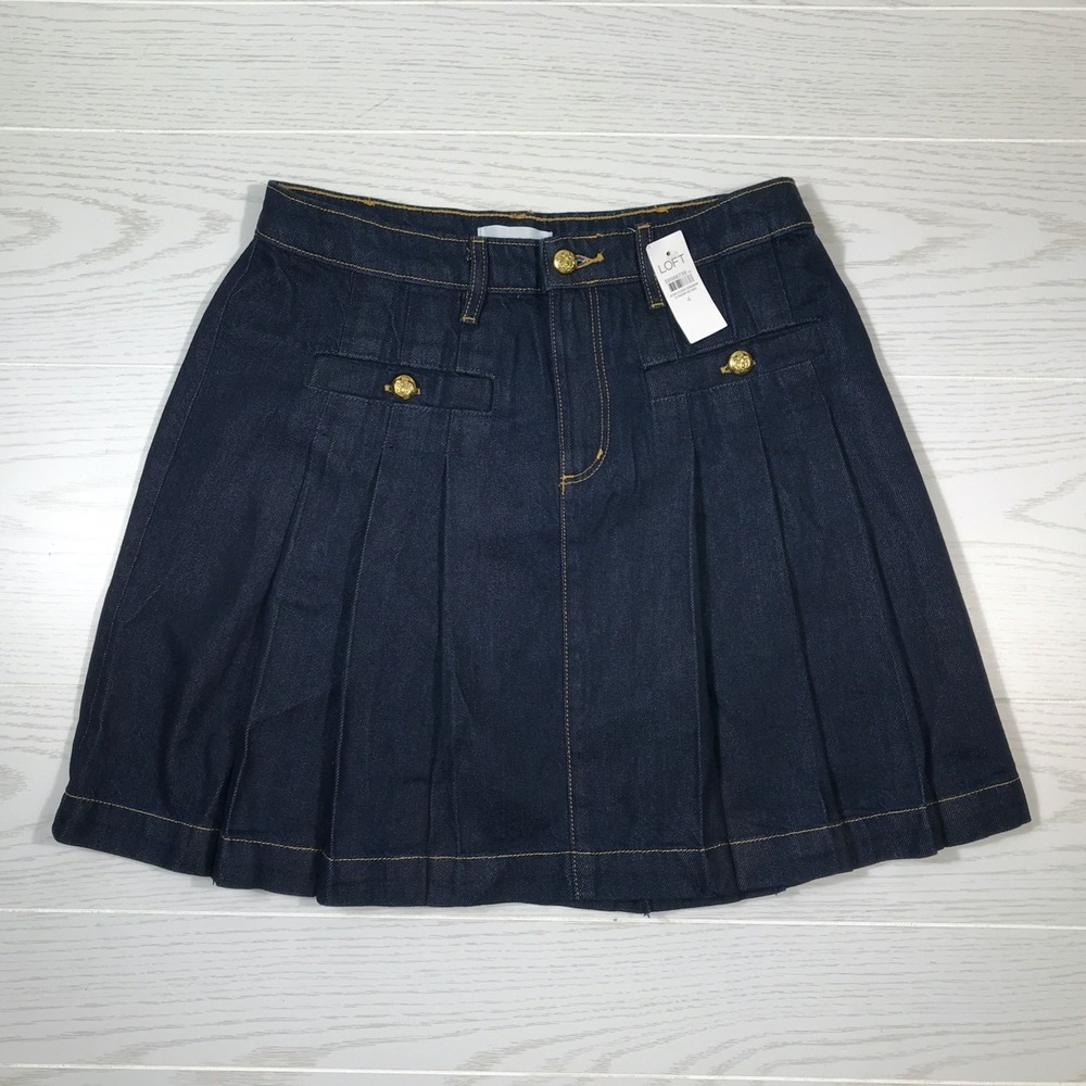 Womens Pleated Denim Skirt Size 4 Dark Blue LOFT Buttons Pockets Cotton New